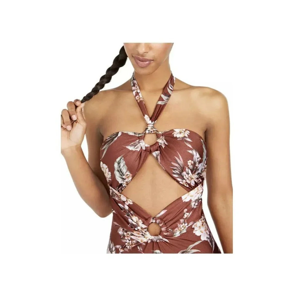 Bar III Woman’s LUAU PALM Cutout Halter One-Piece Swimsuit  SZ XL‎
